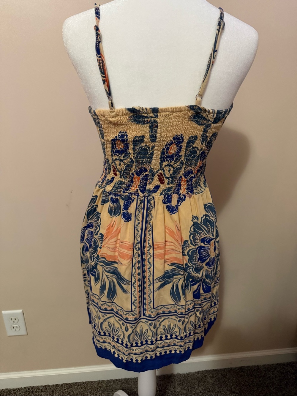 Angie Beige Mini Dress with Navy and Orange Floral Accents - Picture 3 of 4